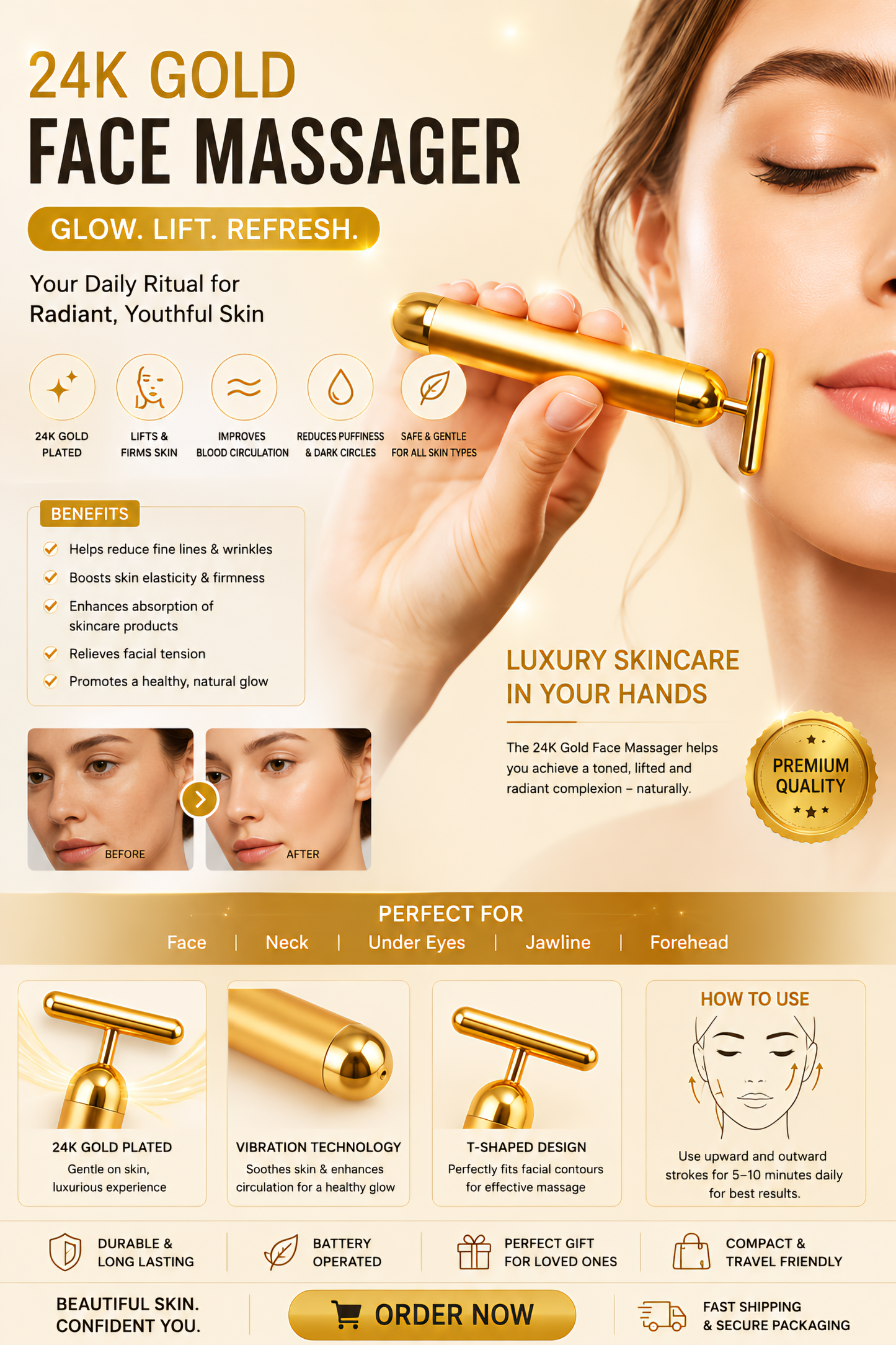 24K Gold Plated T-Shape Face Massager For Skin Lifting