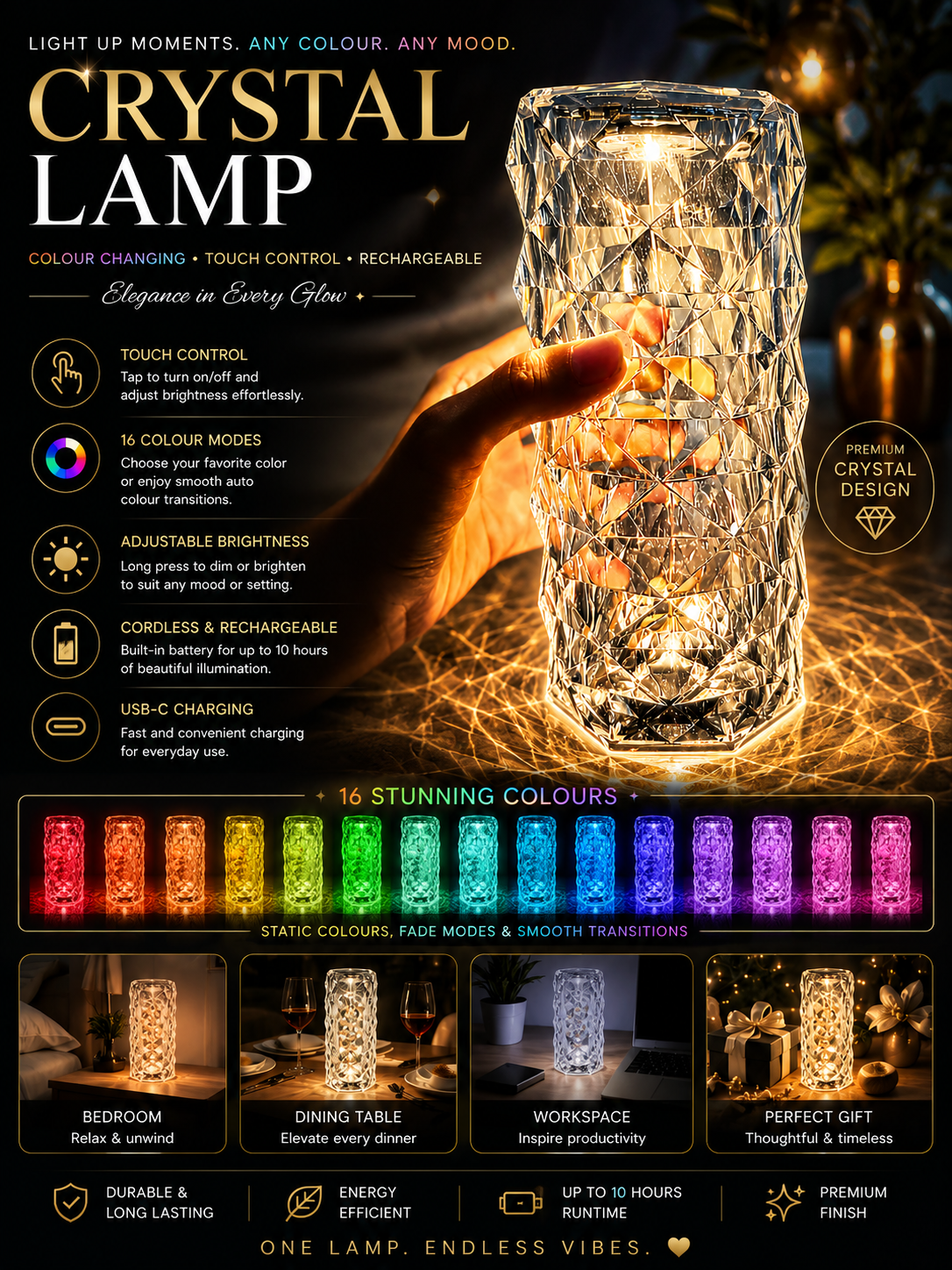 Crystal Rechargeable Touch Control Table Lamp 16 Colors
