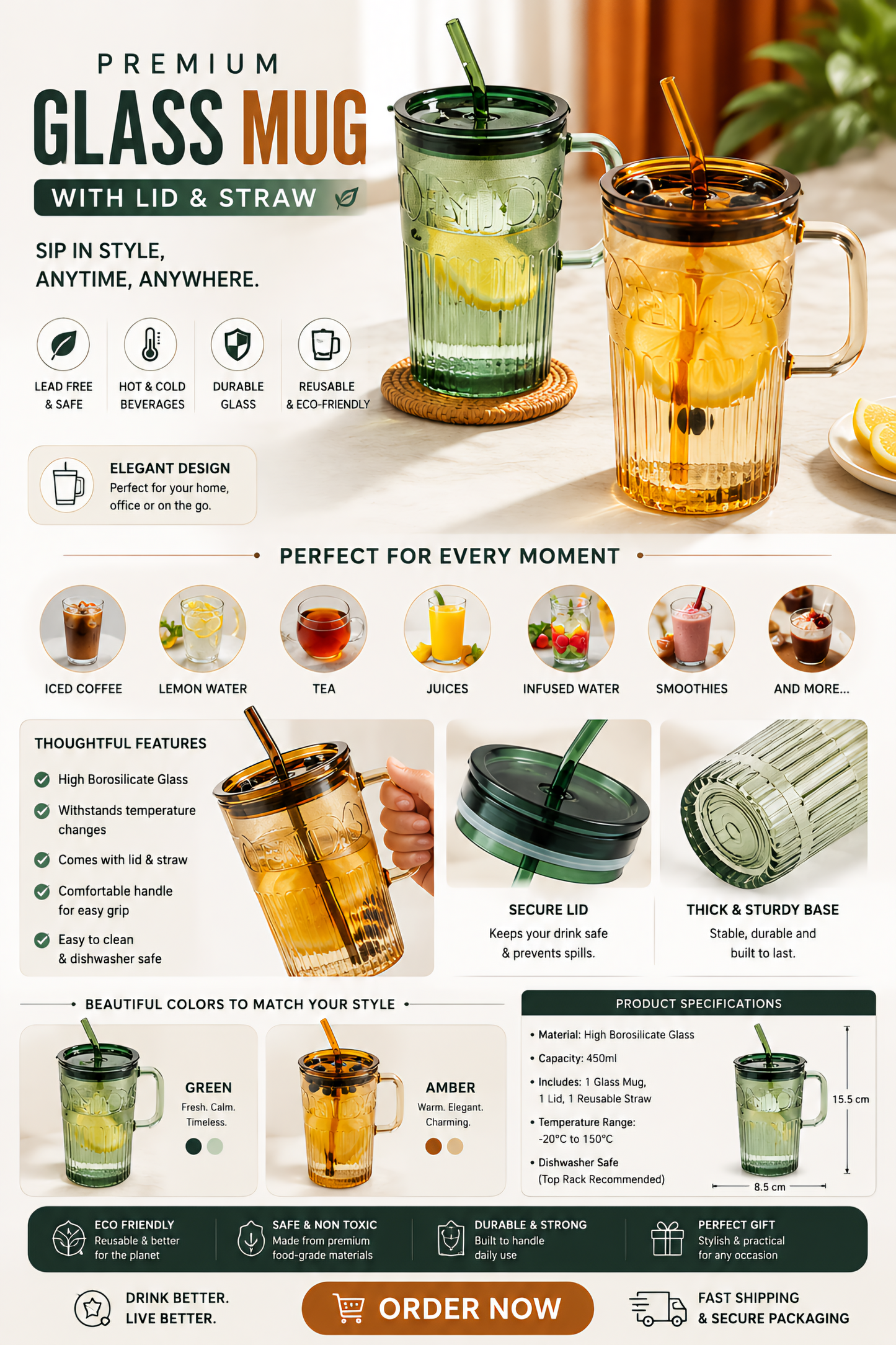 Borosilicate Glass Ribbed Mug With Lid And Straw