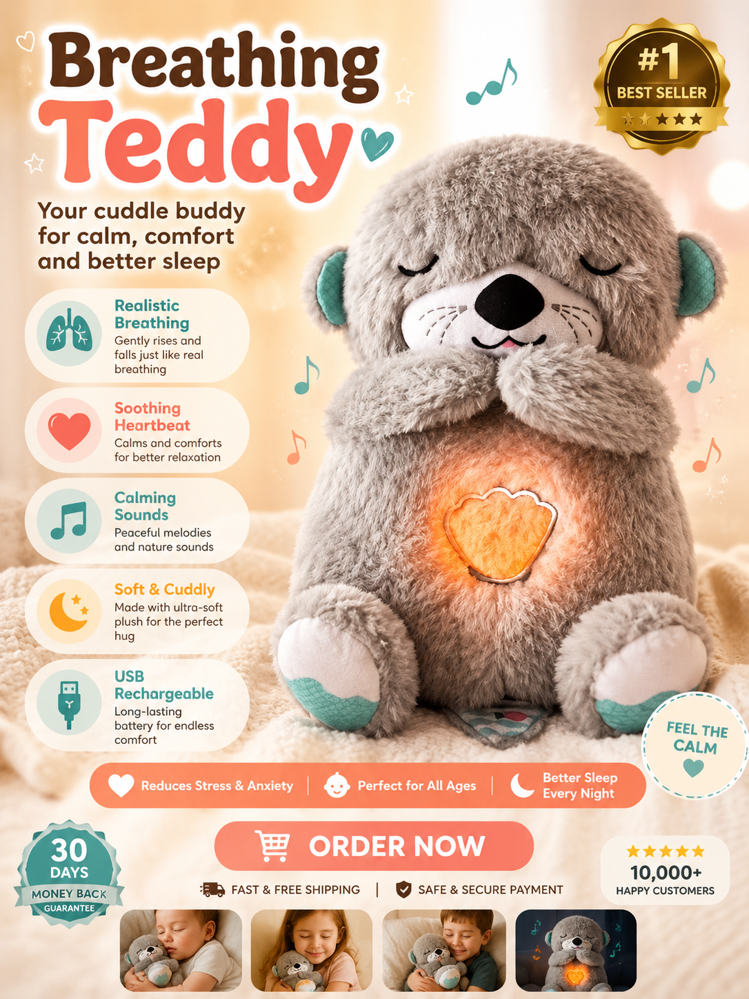 Plush Breathing Teddy Sleep Companion With Sound And Light