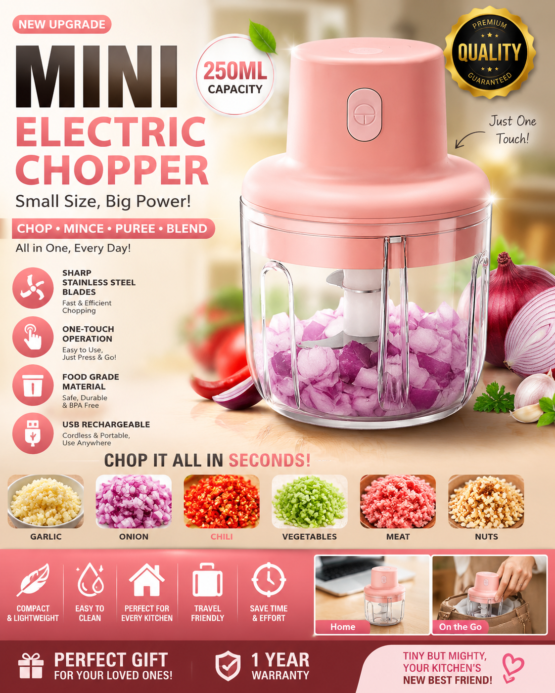 Bpa-Free Mini Electric Food Chopper 250Ml Steel Blades