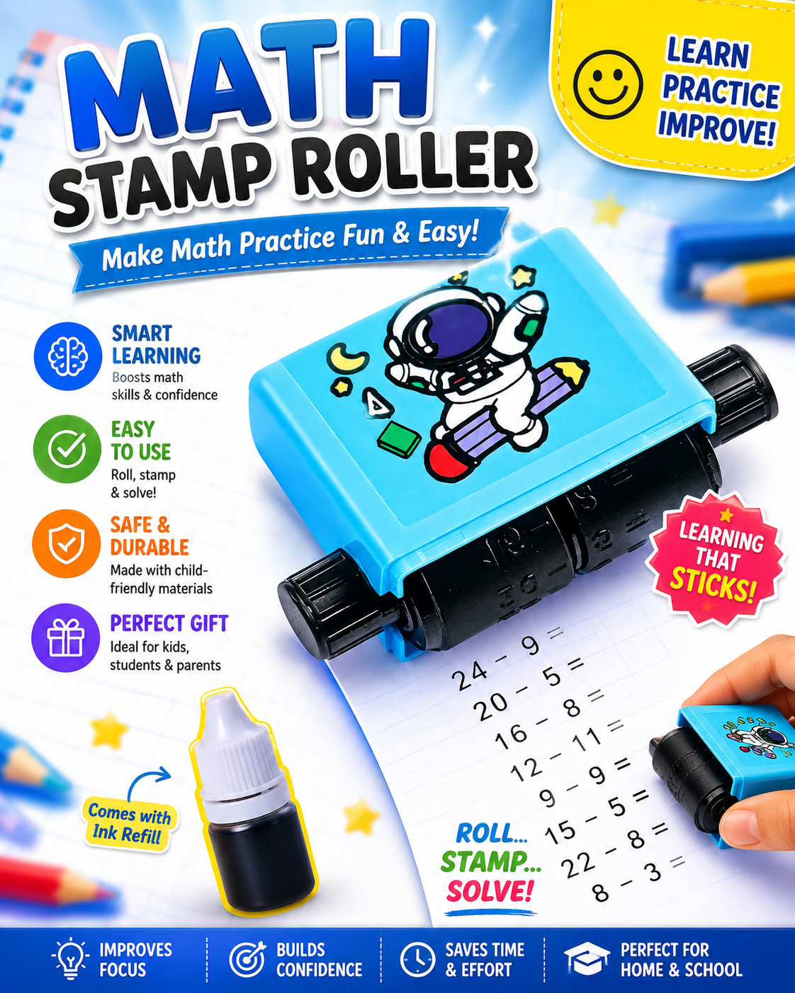 Blue Math Stamp Roller Educational Learning Toy For Kids