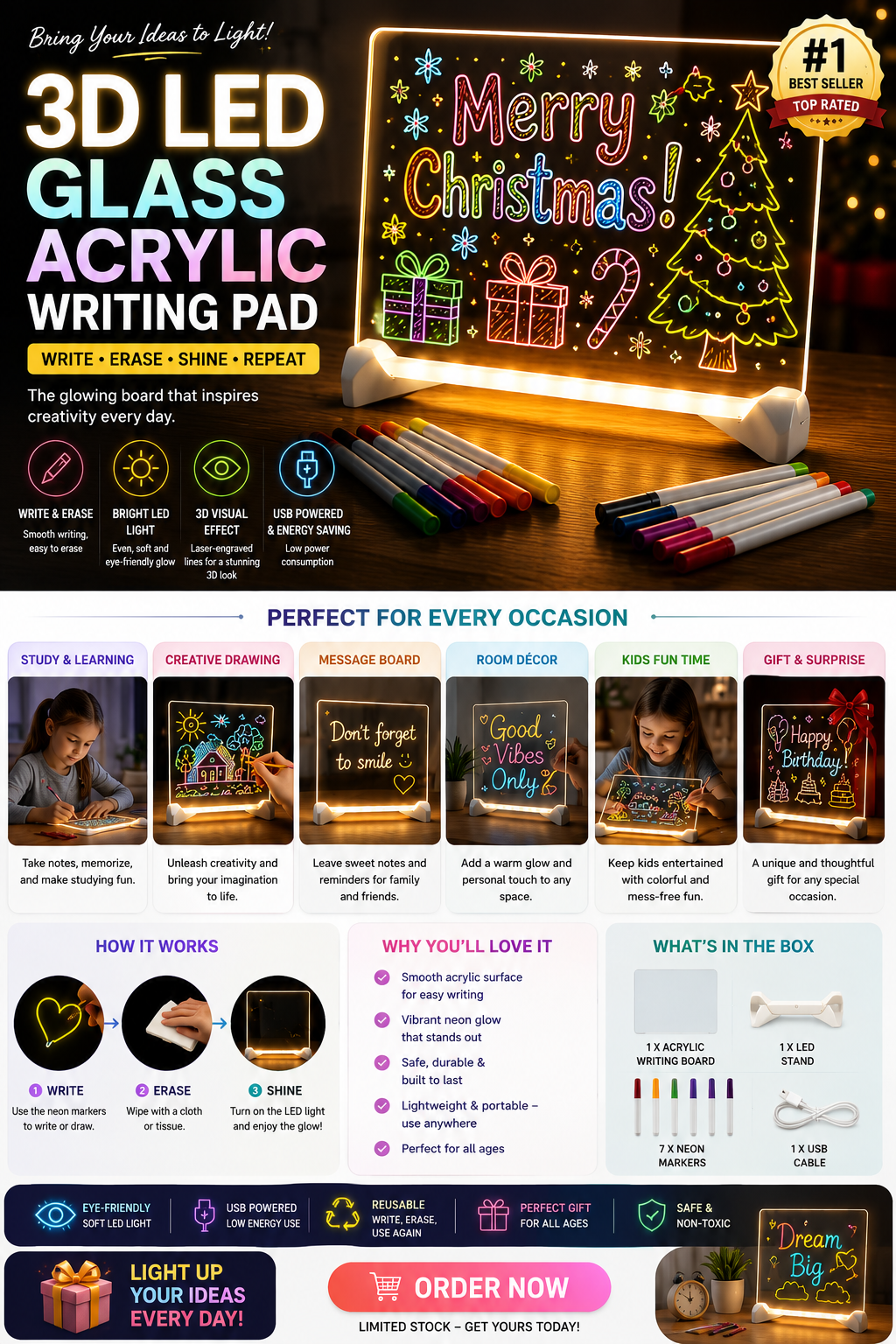 LED Acrylic Erasable Writing And Drawing Board With Markers