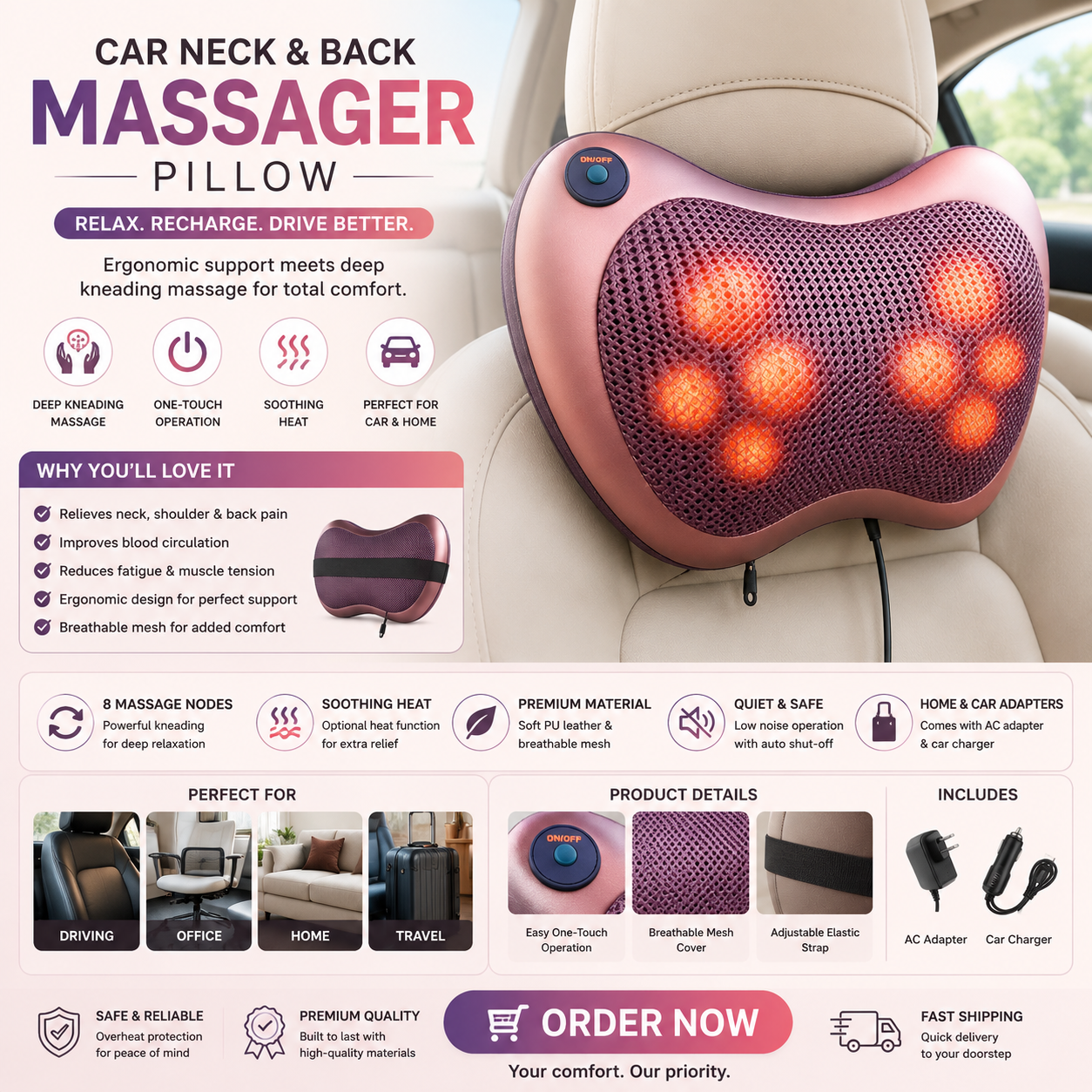 Shiatsu Neck Back Massager Pillow With Heat Function Pink