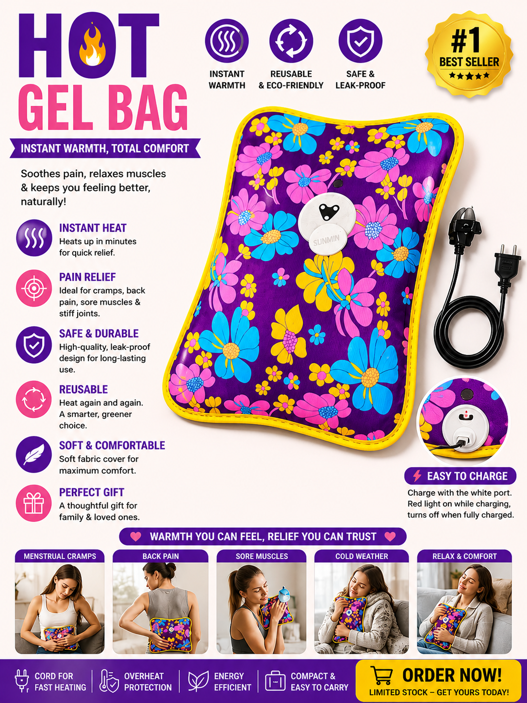 Rechargeable Floral Print Electric Gel Hot Water Bag