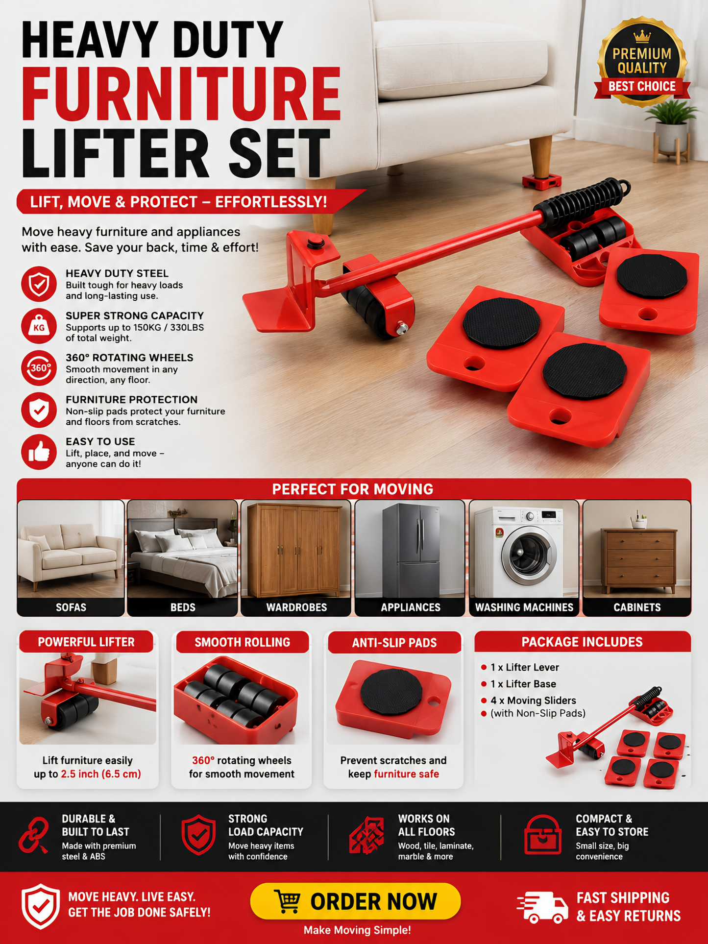 Steel Lever-Action Furniture Lifter Set With Roller Pads