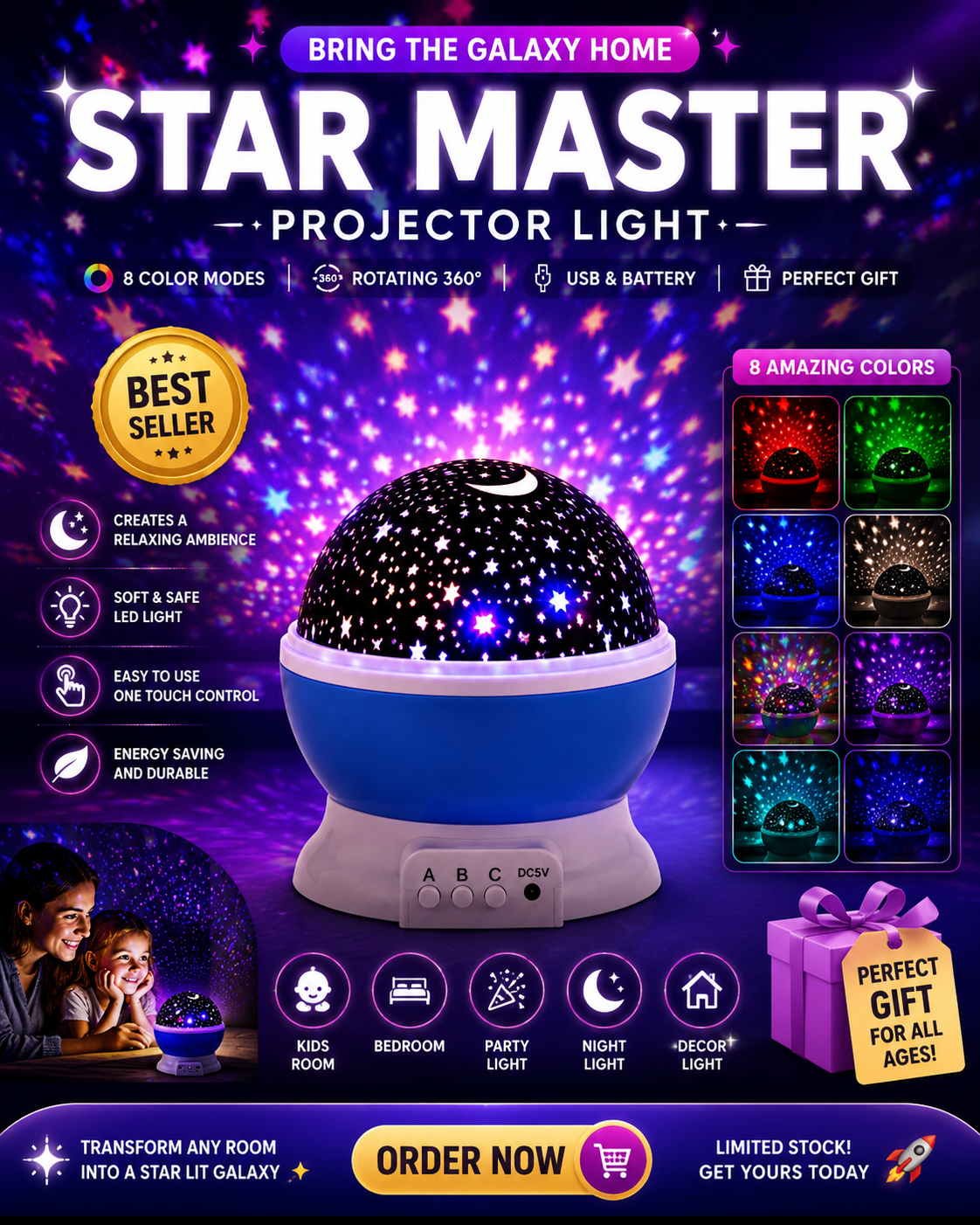 Abs Galaxy Star Projector Night Lamp 8 Color 360 Rotation