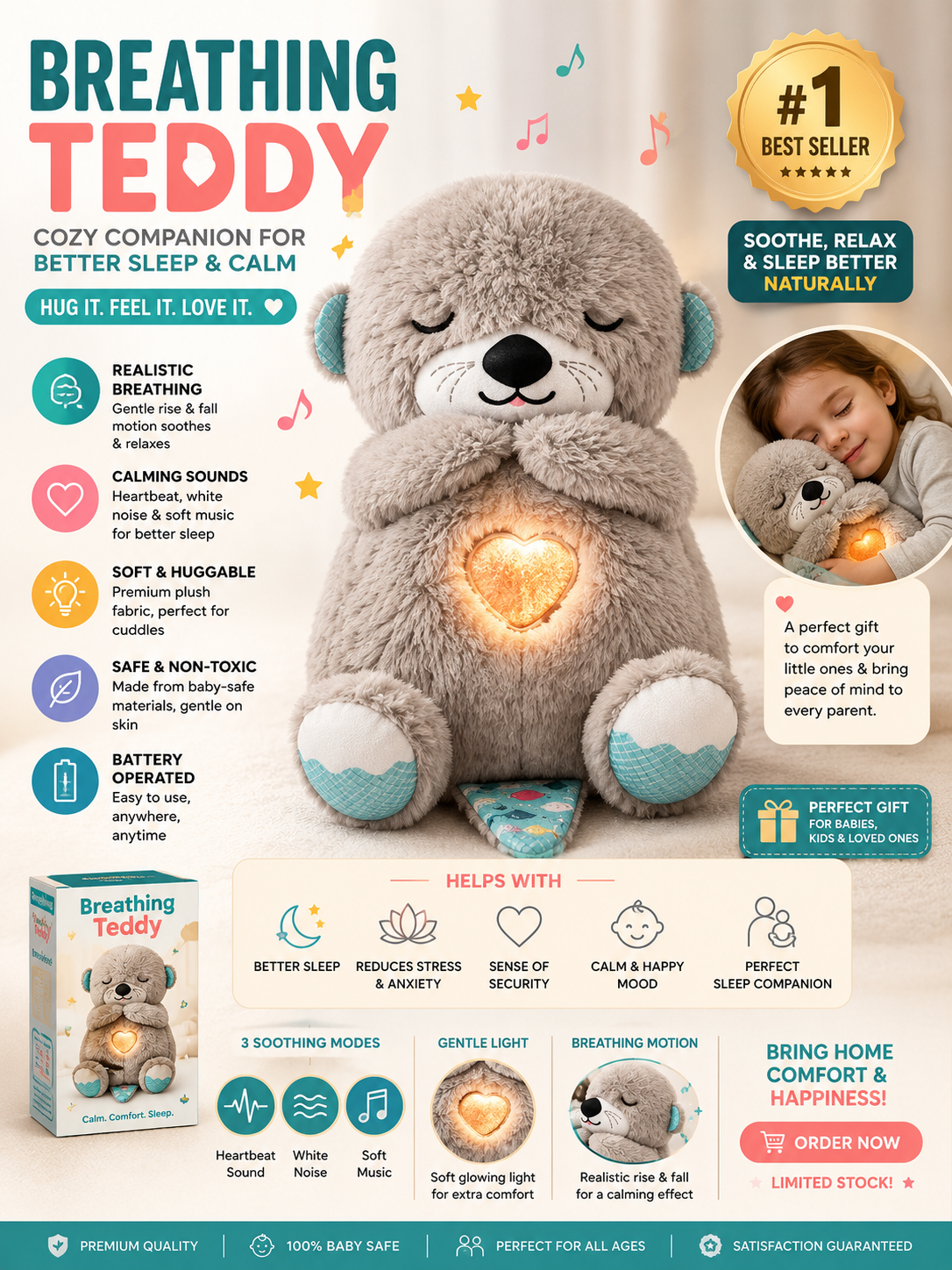 Plush Breathing Teddy Sleep Companion With Sound And Light