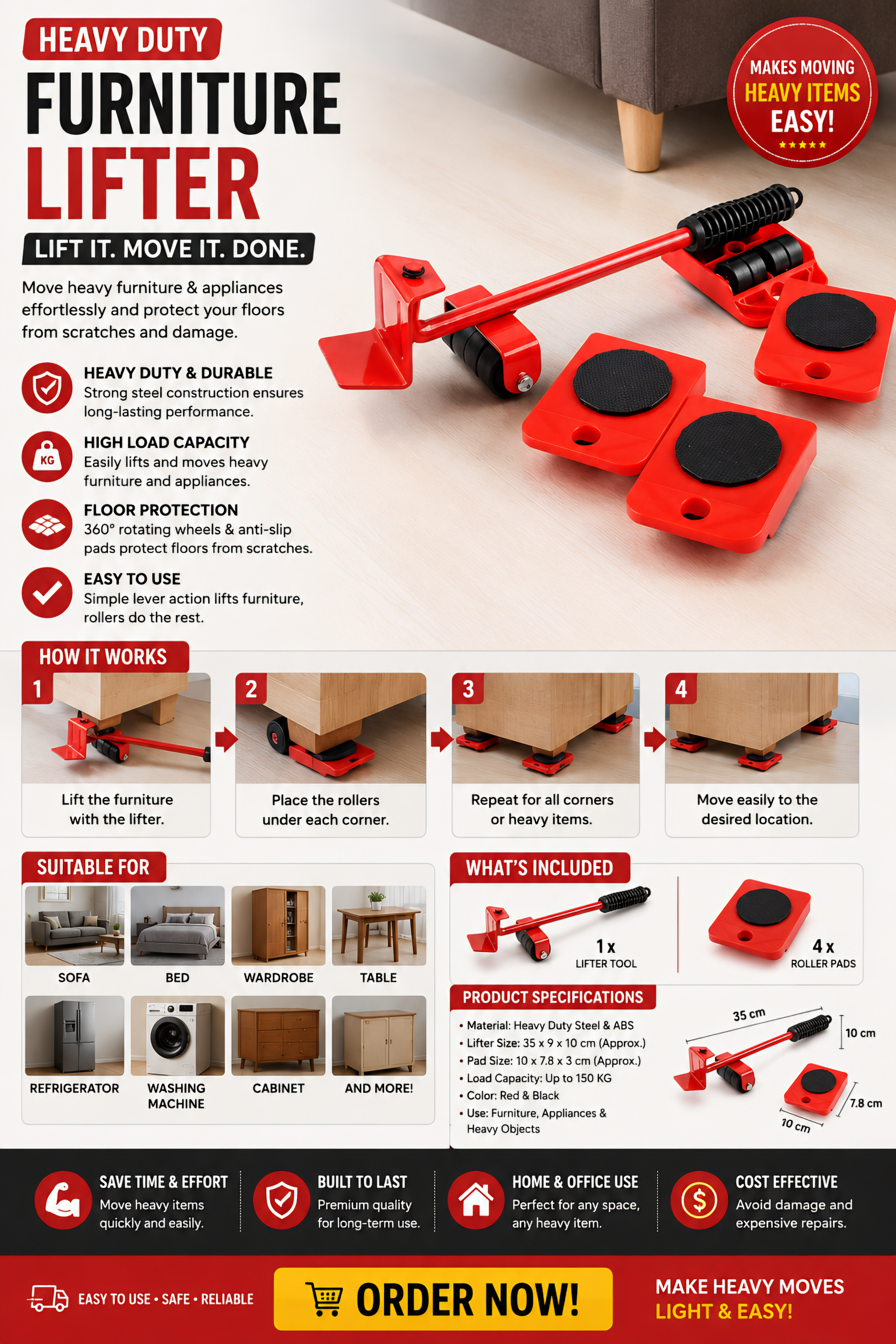 Steel Lever-Action Furniture Lifter Set With Roller Pads