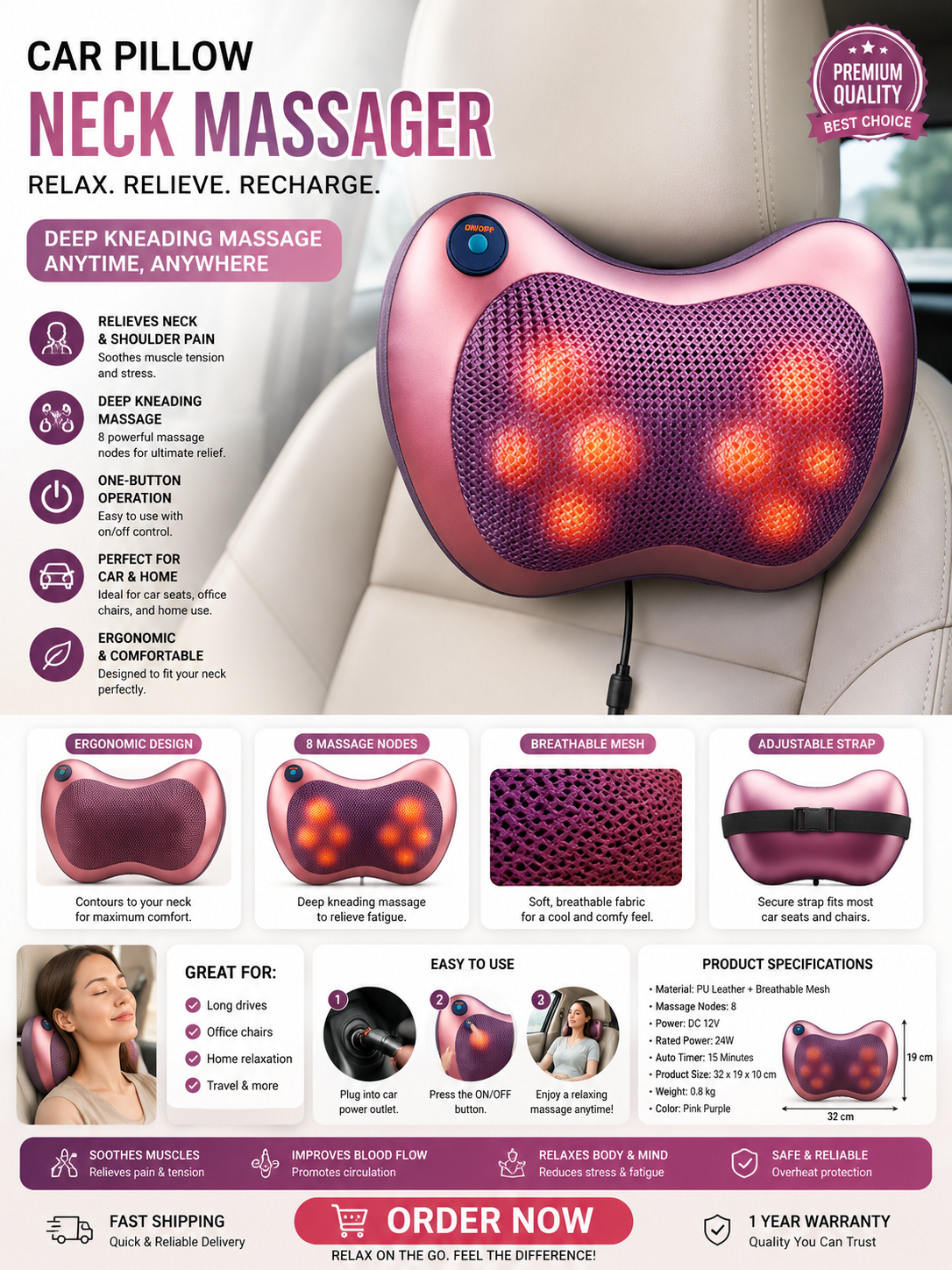 Shiatsu Neck Back Massager Pillow With Heat Function Pink
