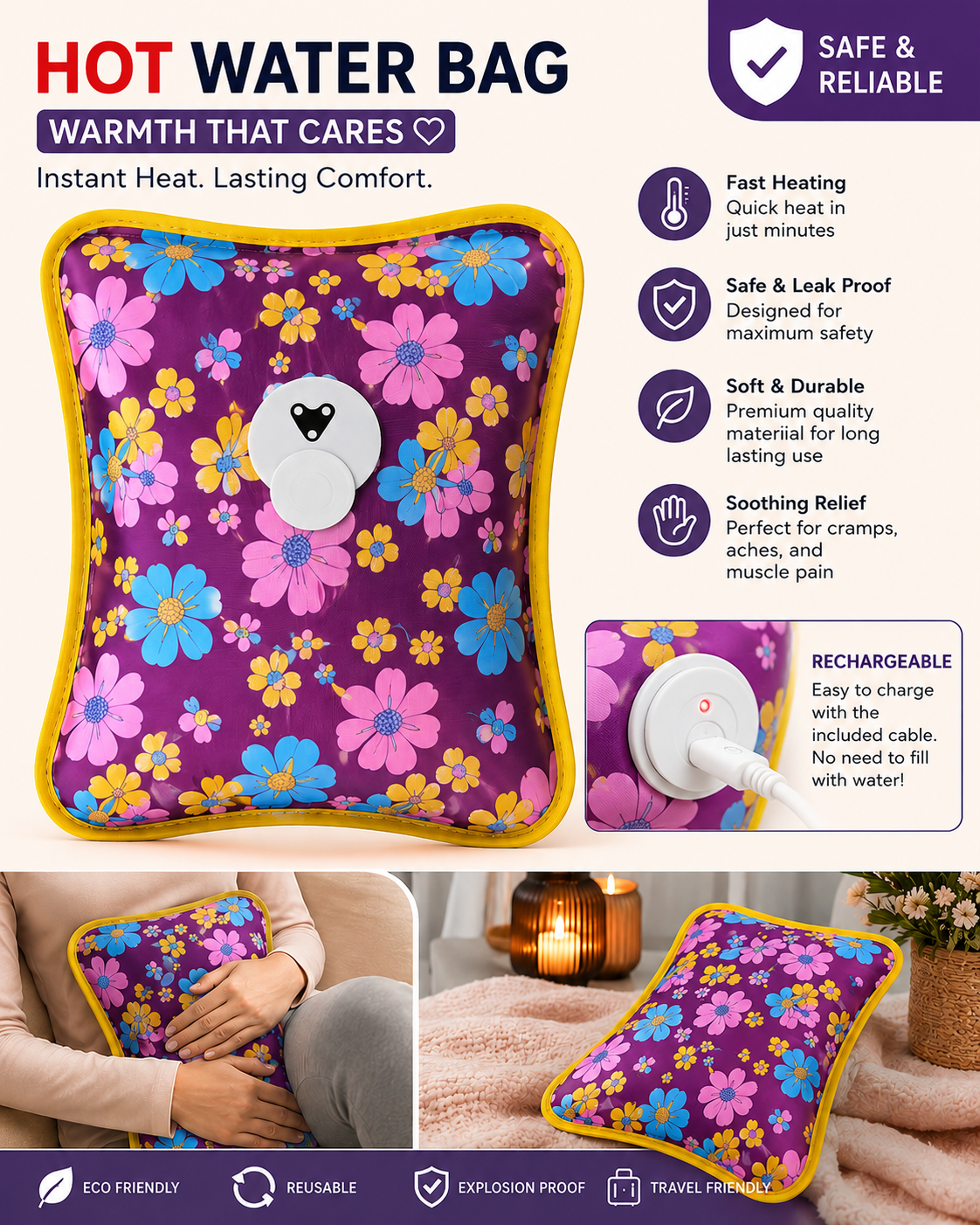 Rechargeable Floral Print Electric Gel Hot Water Bag