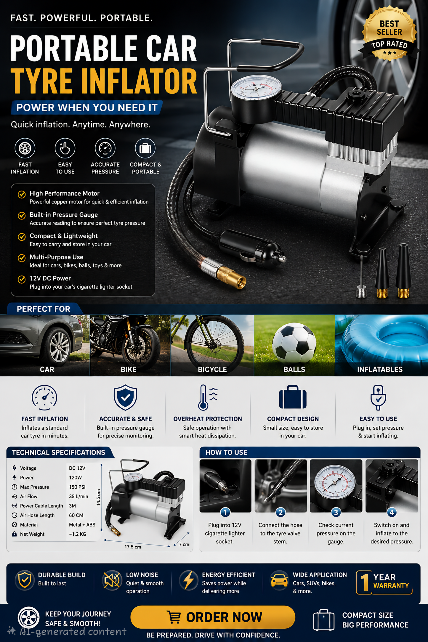 Portable Car Tyre Inflator With Analogue Pressure Gauge