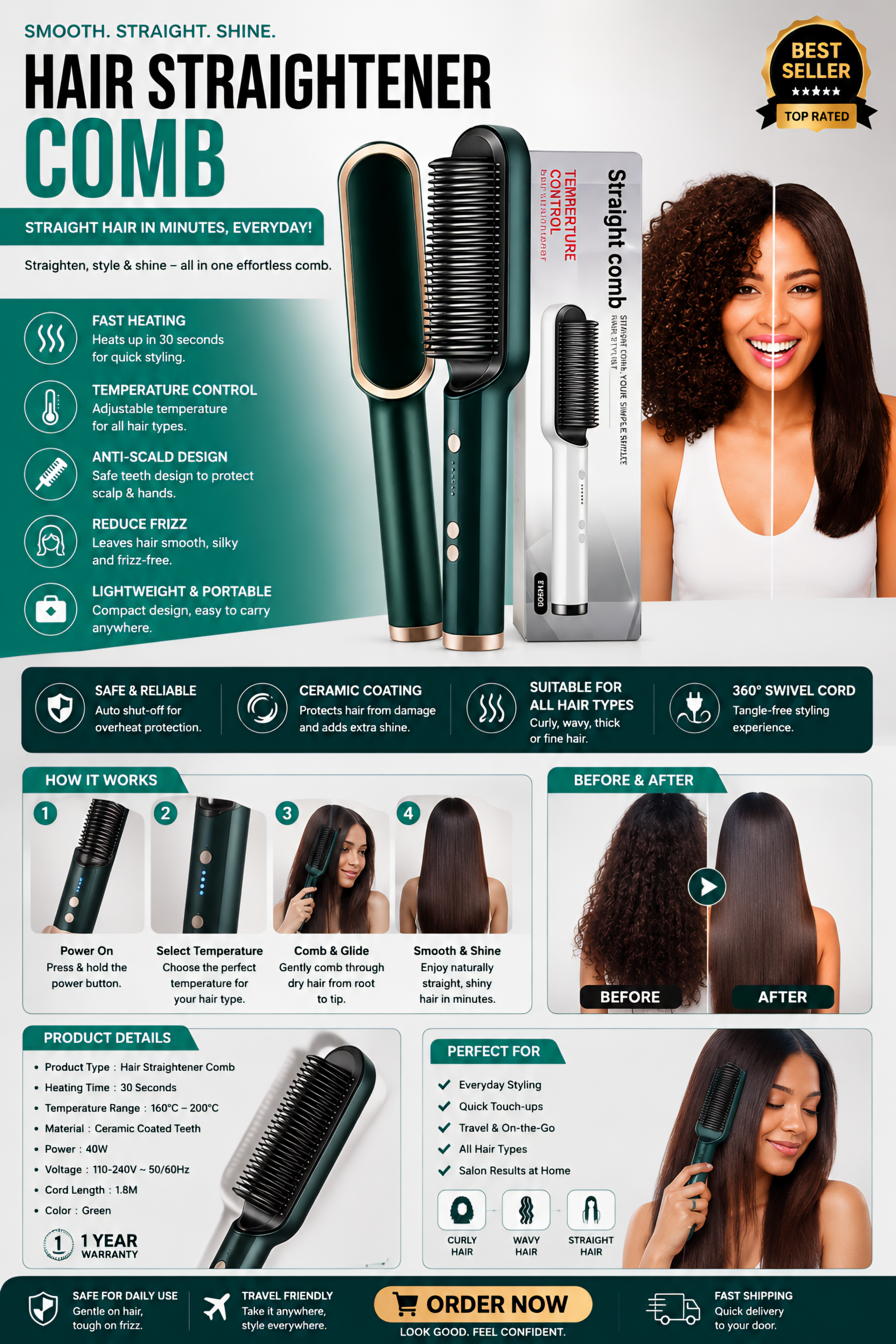 Ceramic Coating Hair Straightener Comb With Temp Control