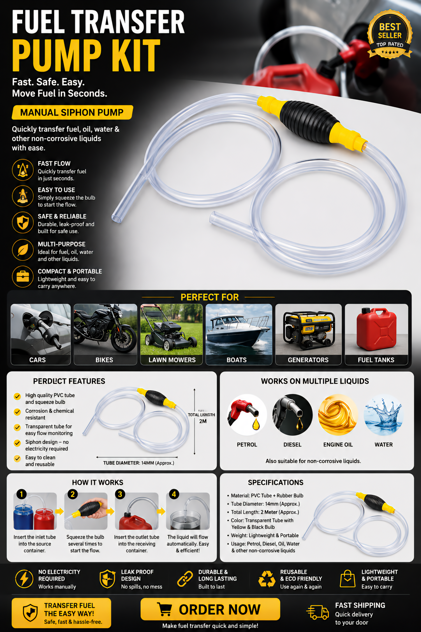 Pvc Manual Siphon Fuel Transfer Pump Kit 2M Tube