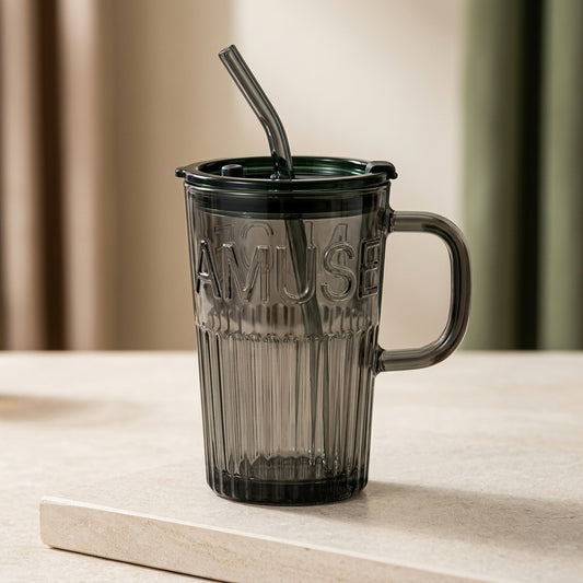 Borosilicate Glass Ribbed Mug With Lid And Straw