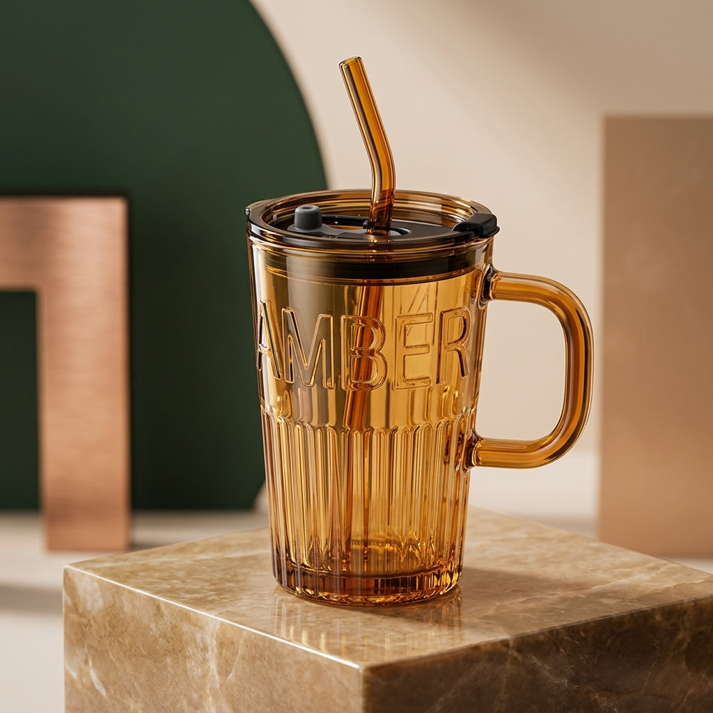 Borosilicate Glass Ribbed Mug With Lid And Straw