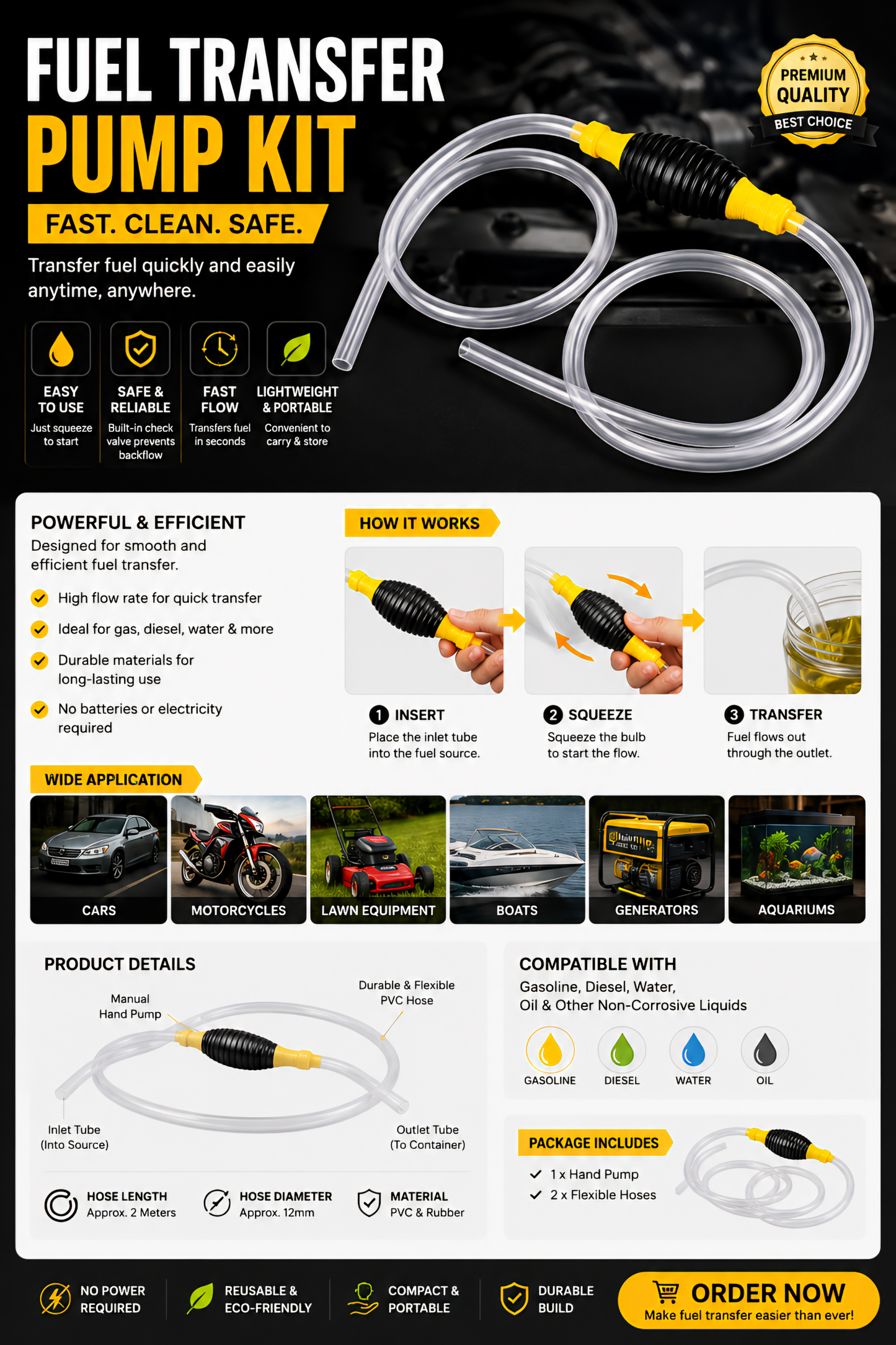 Pvc Manual Siphon Fuel Transfer Pump Kit 2M Tube