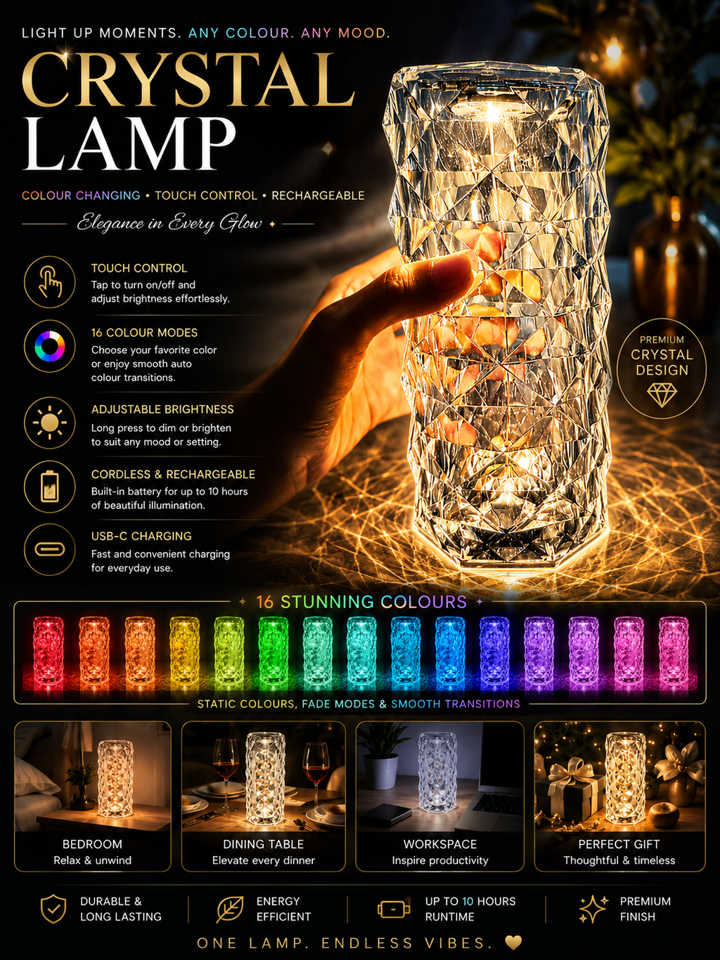 Crystal Rechargeable Touch Control Table Lamp 16 Colors