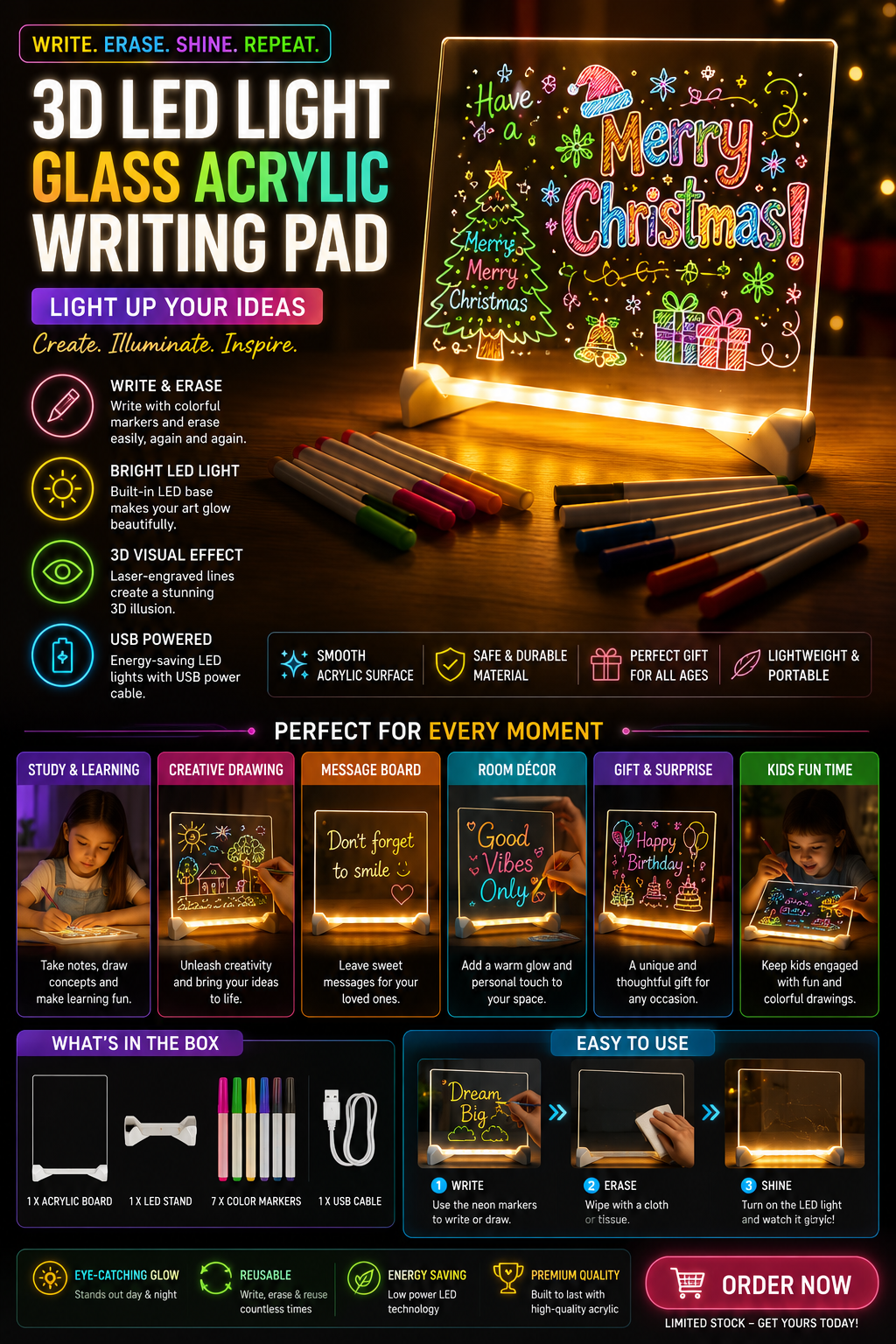 LED Acrylic Erasable Writing And Drawing Board With Markers