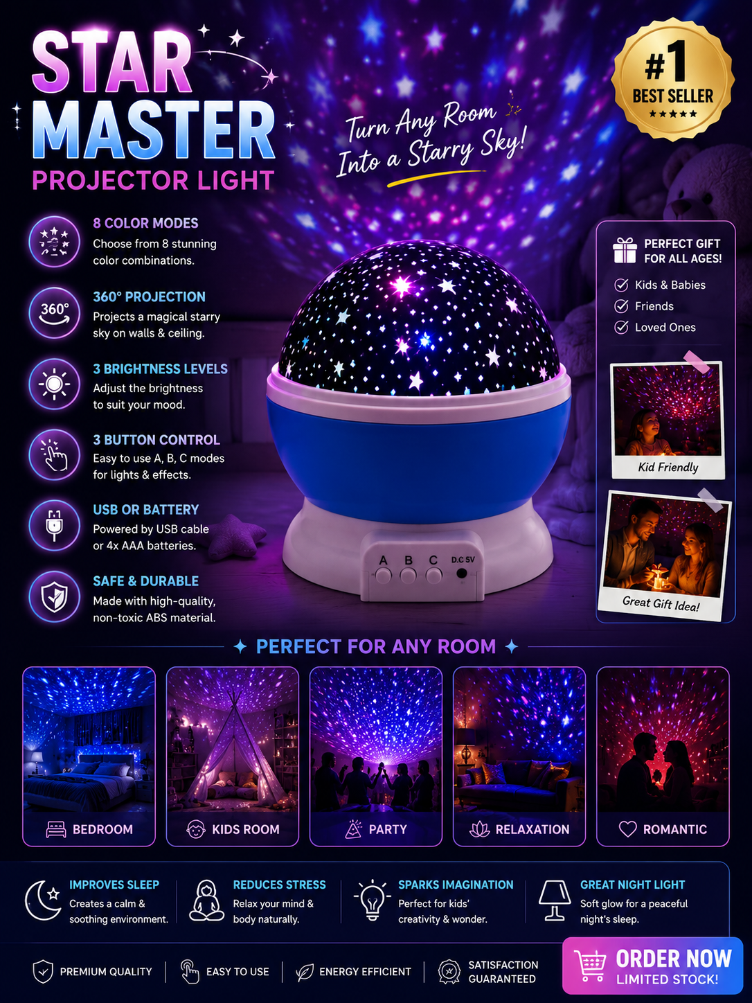 Abs Galaxy Star Projector Night Lamp 8 Color 360 Rotation