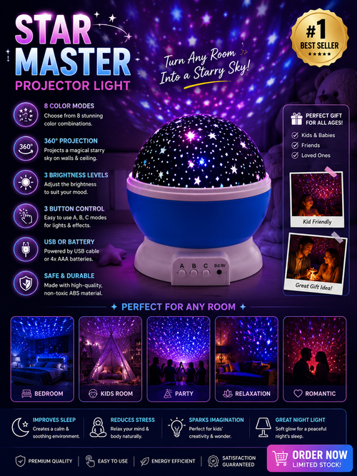 Abs Galaxy Star Projector Night Lamp 8 Color 360 Rotation