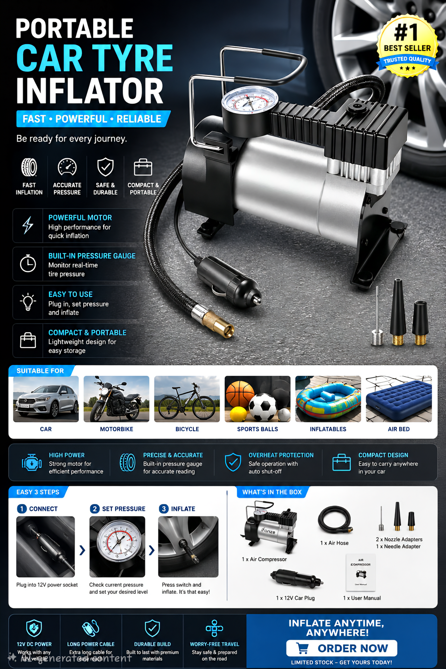 Portable Car Tyre Inflator With Analogue Pressure Gauge