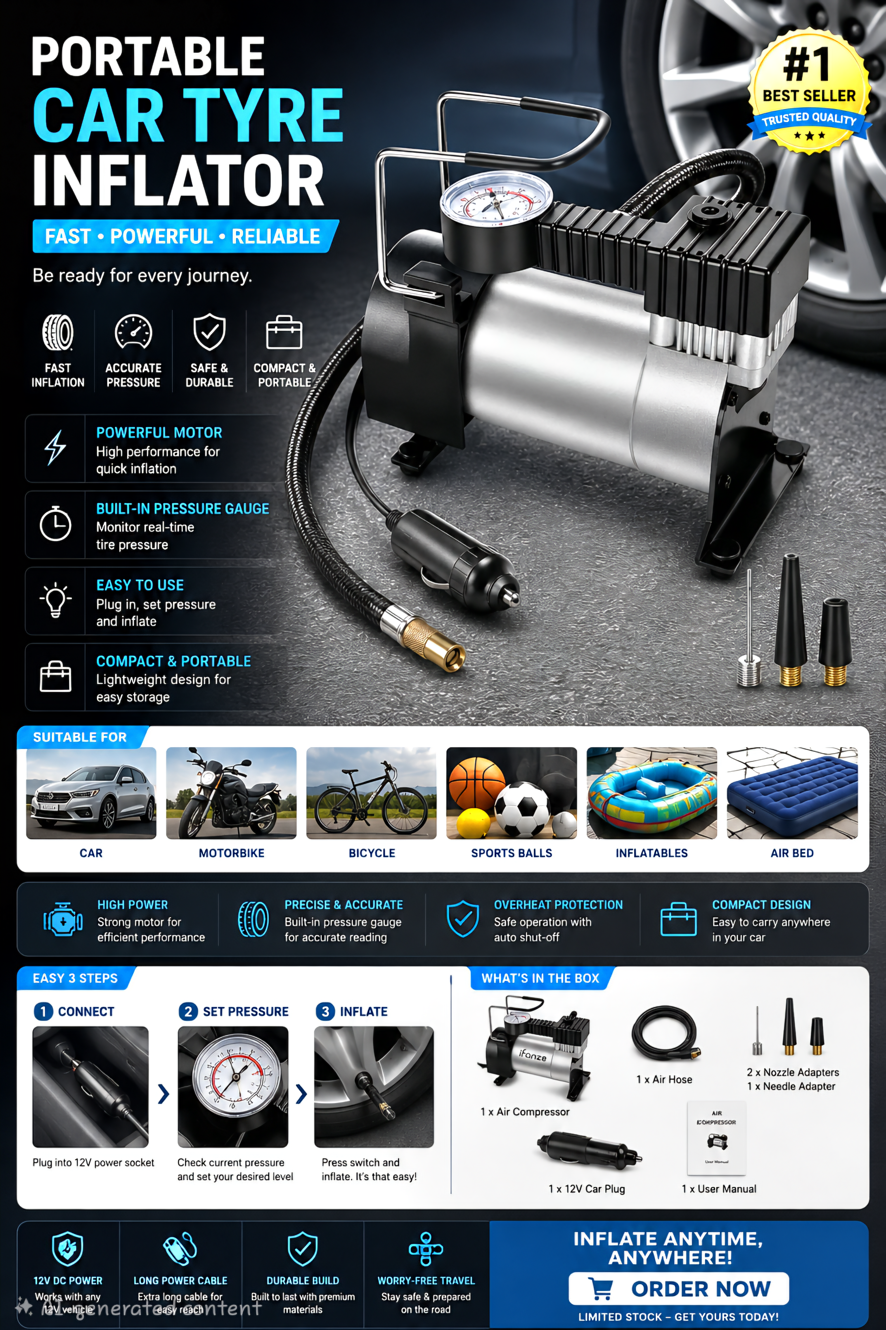 Portable Car Tyre Inflator With Analogue Pressure Gauge
