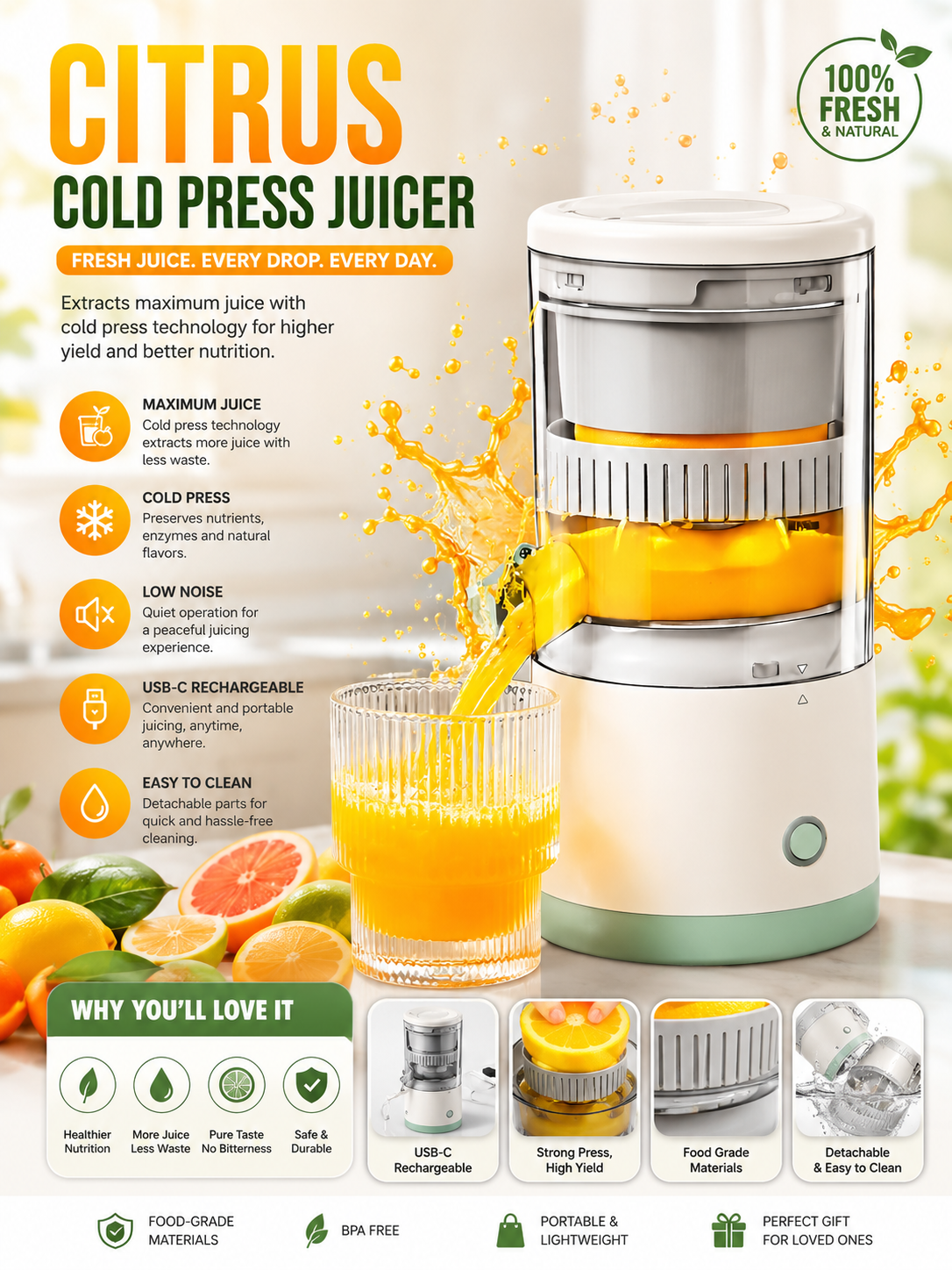 Portable Rechargeable Cold Press Citrus Juice Extractor