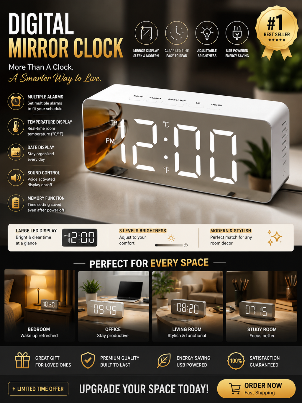 Acrylic Mirror LED Digital Clock With Dual Alarm