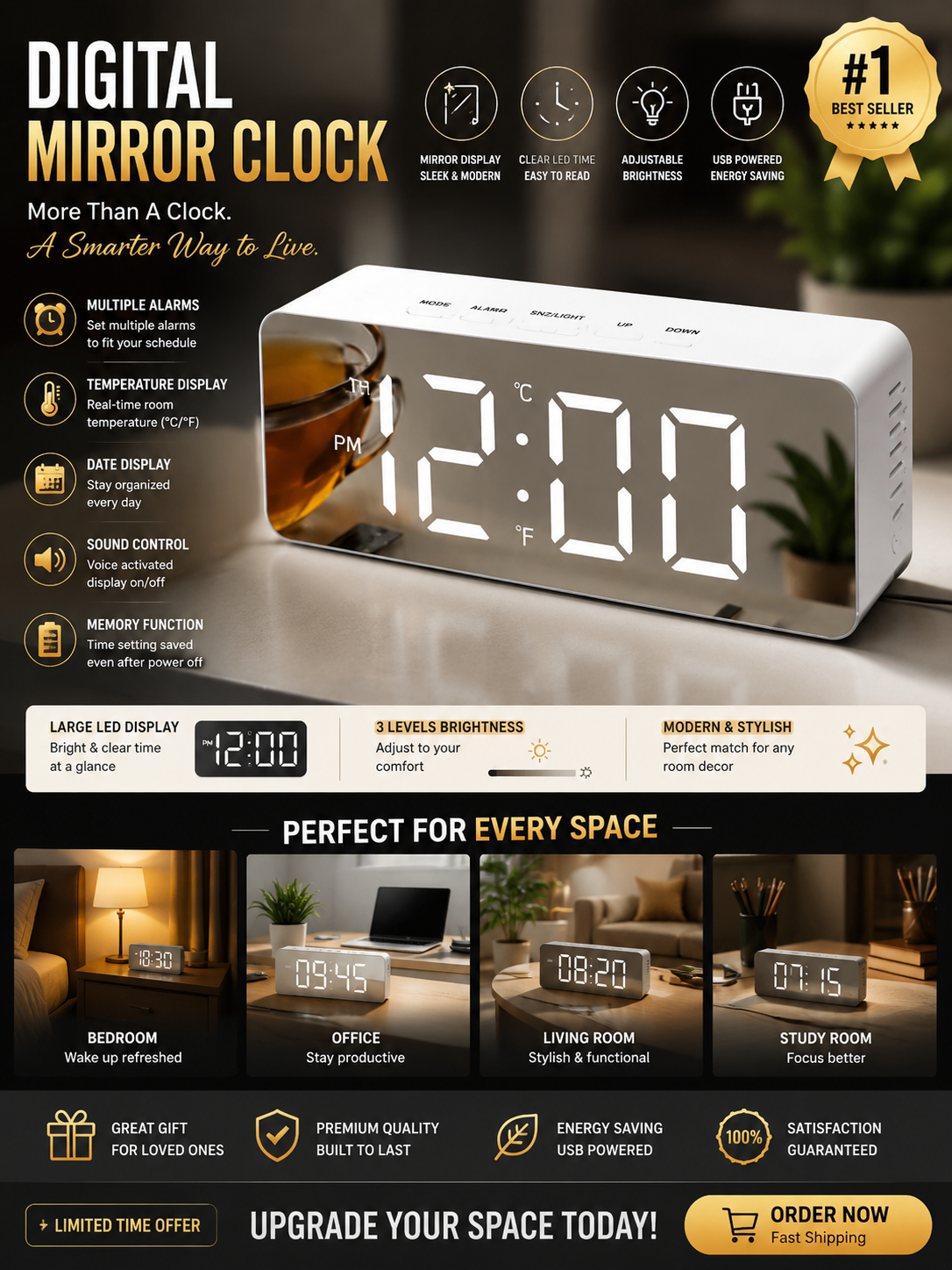 Acrylic Mirror LED Digital Clock With Dual Alarm