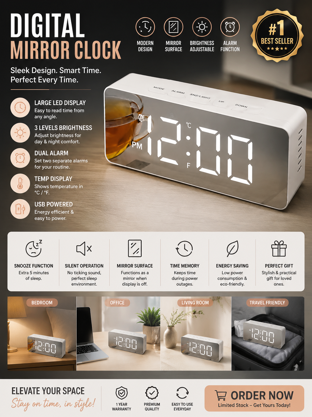 Acrylic Mirror LED Digital Clock With Dual Alarm