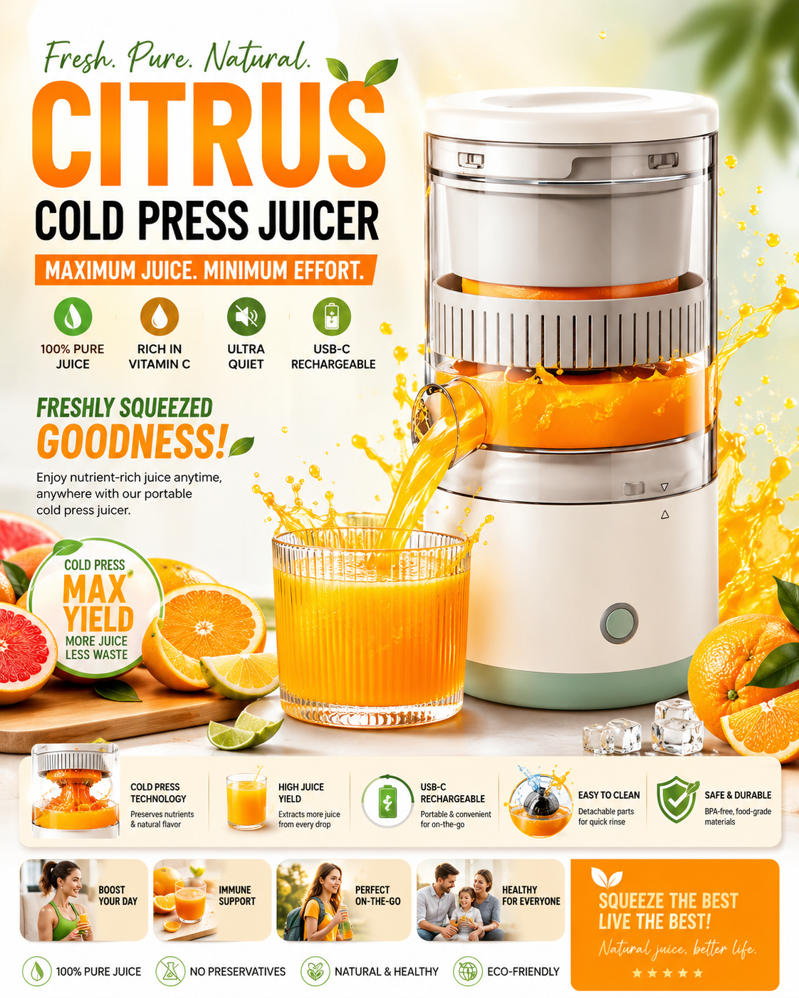 Portable Rechargeable Cold Press Citrus Juice Extractor