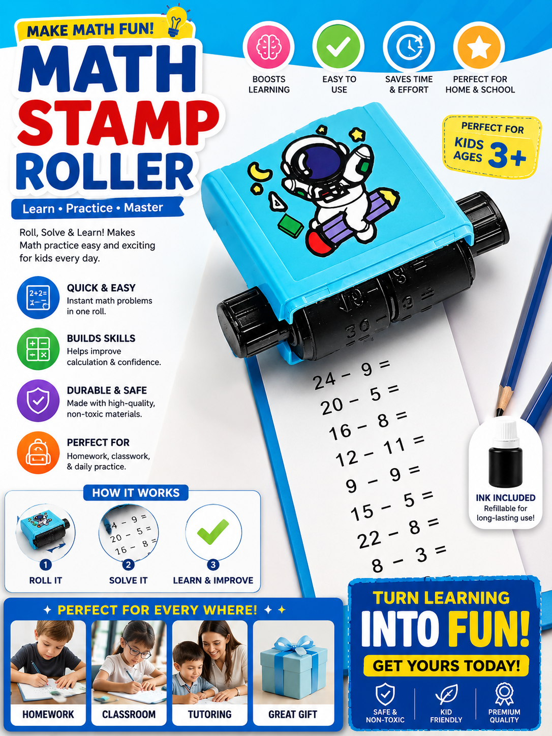Blue Math Stamp Roller Educational Learning Toy For Kids