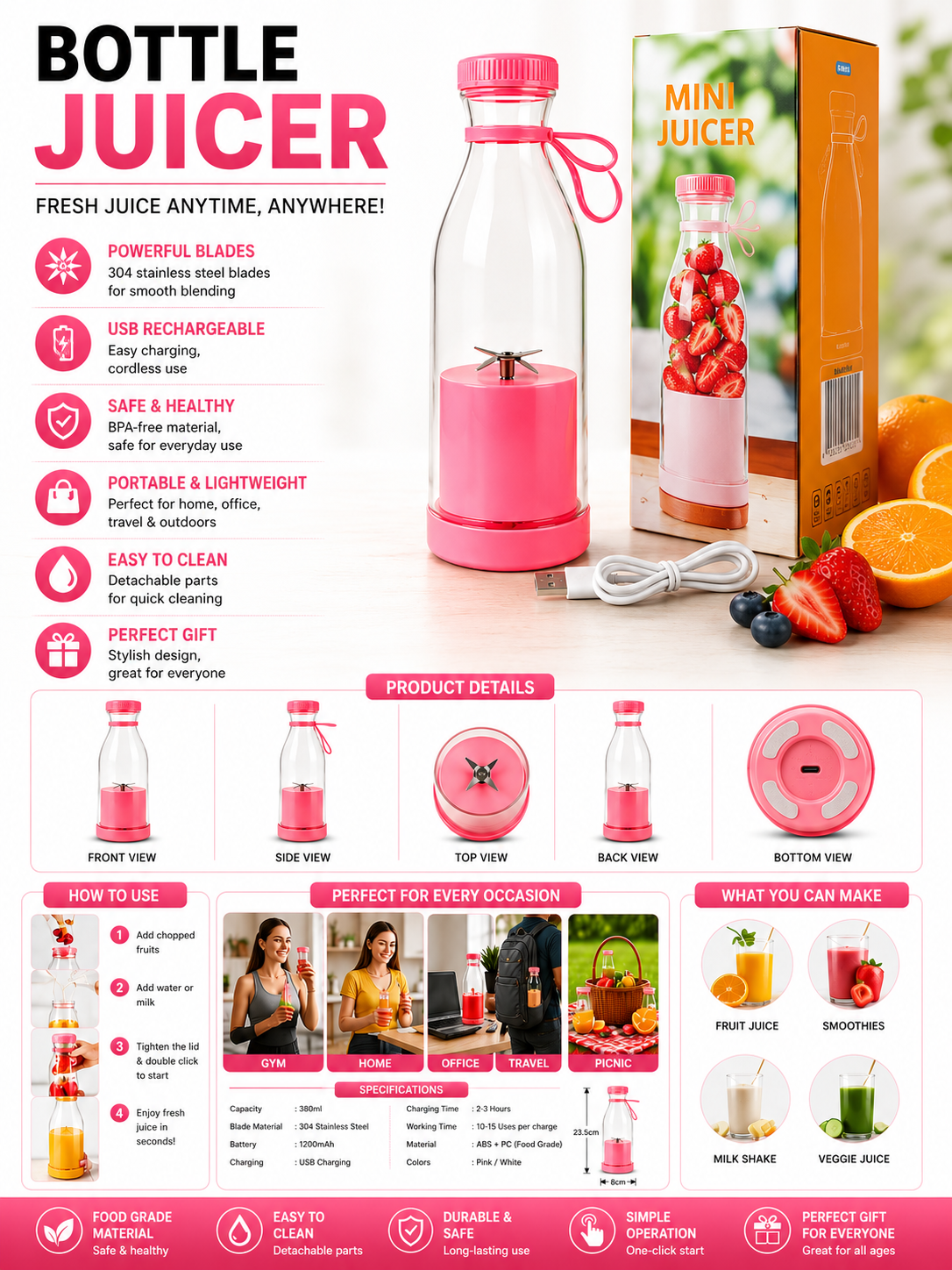 Usb Rechargeable Portable Bottle Blender 380Ml