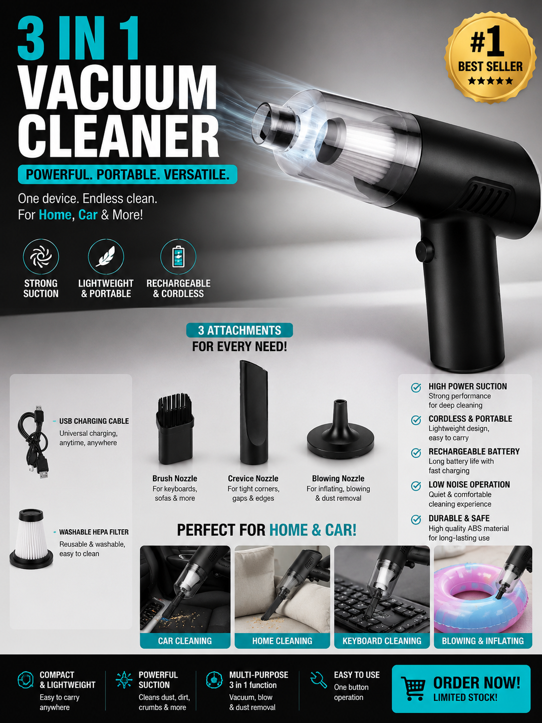 Cordless 3-In-1 Handheld Vacuum Cleaner With Attachments