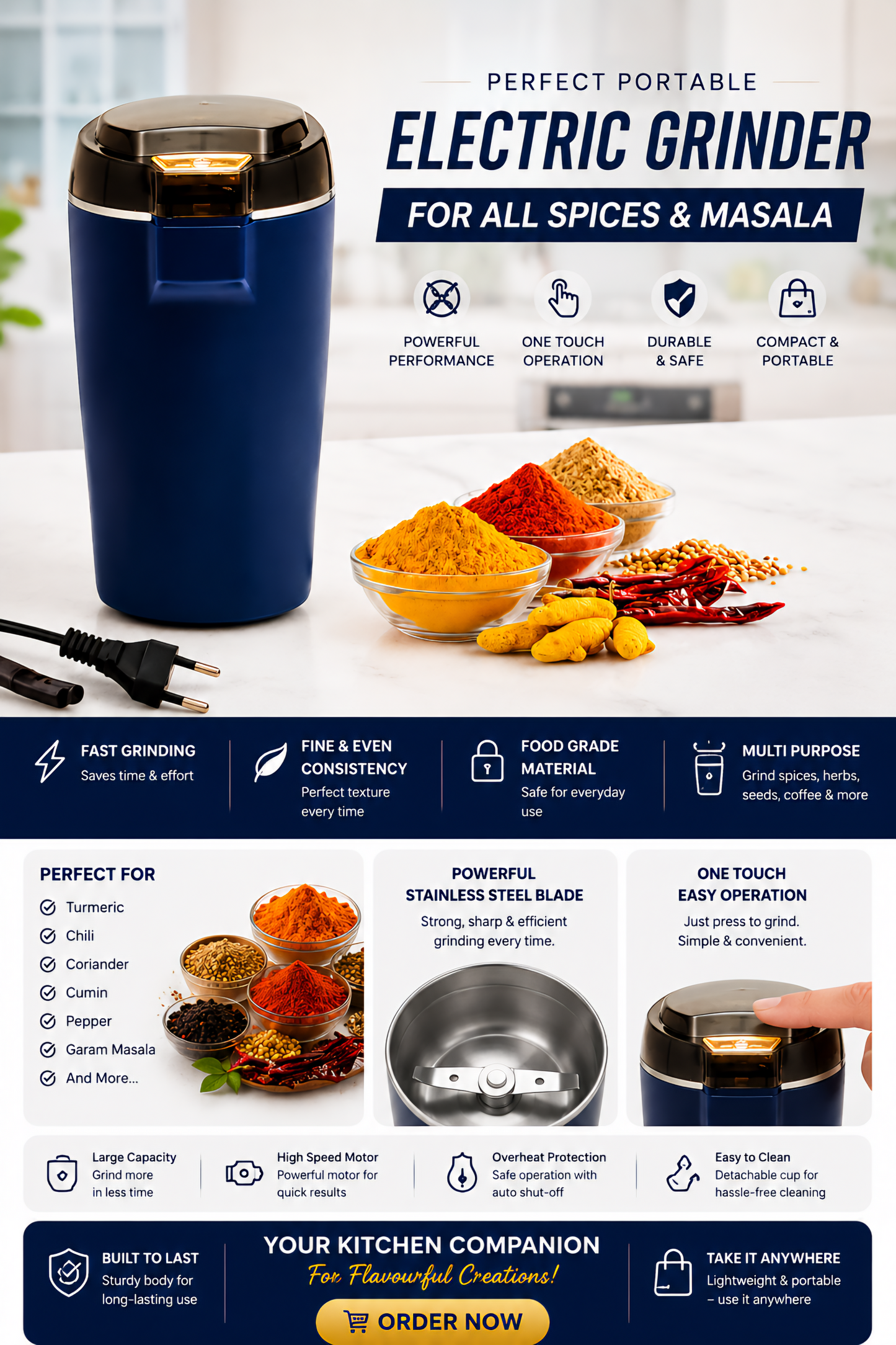 Stainless Steel Electric Spice And Coffee Grinder