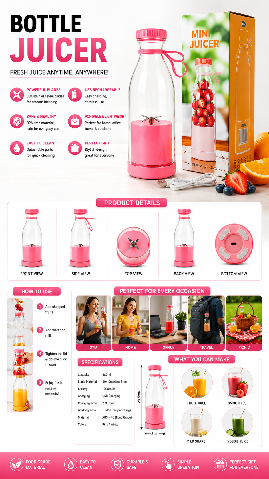 Usb Rechargeable Portable Bottle Blender 380Ml